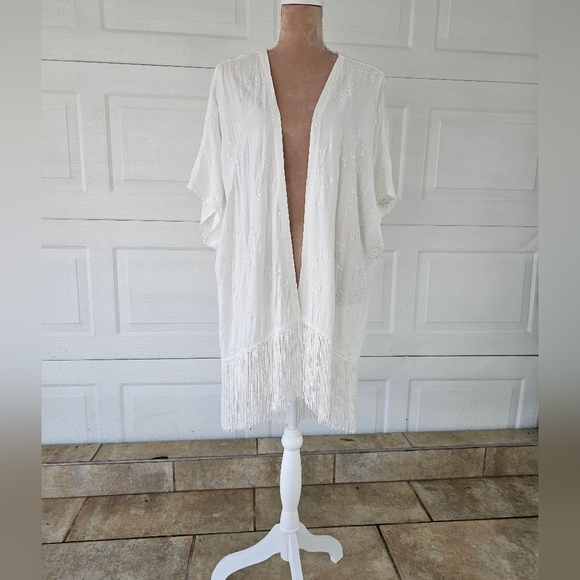 Boho White Fringe Kimono Embroidered Sheer Open Front Festival Duster Cover Up - Picture 1 of 6
